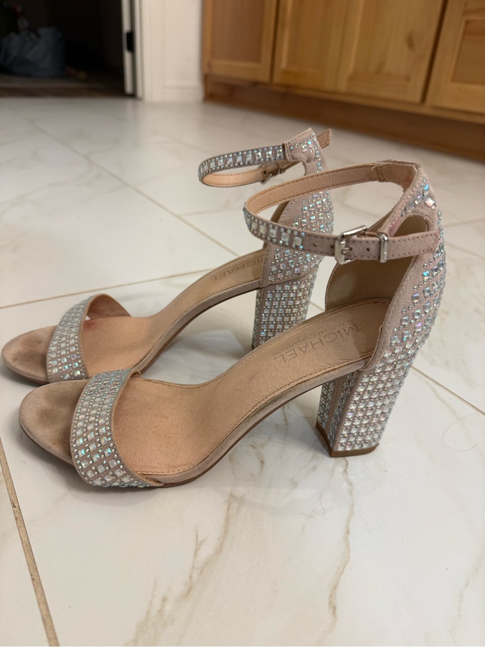 Michael Shannon Blush Pink Crystal-Stud Block Heel Sandals